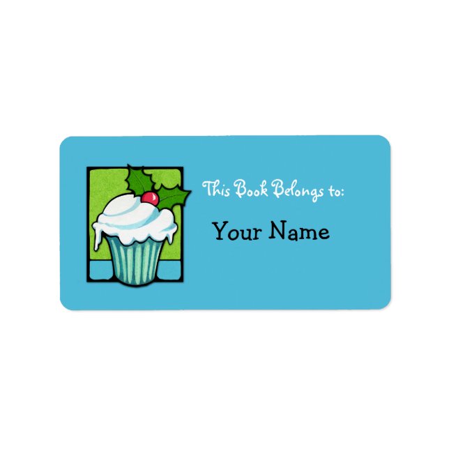 Christmas Holly Cupcake blue Bookplate Label (Front)
