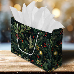 Christmas Holly Dark Winter Holiday Foliage Large Gift Bag