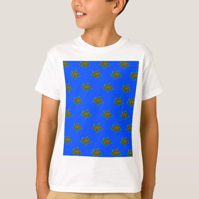 Christmas Holly decorative pattern on blue    T-Shirt (Front)