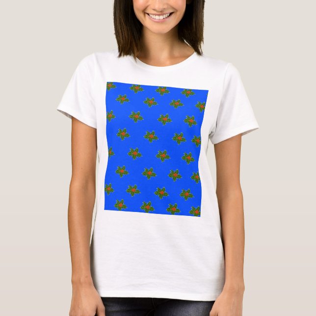 Christmas Holly decorative pattern on blue  T-Shirt (Front)