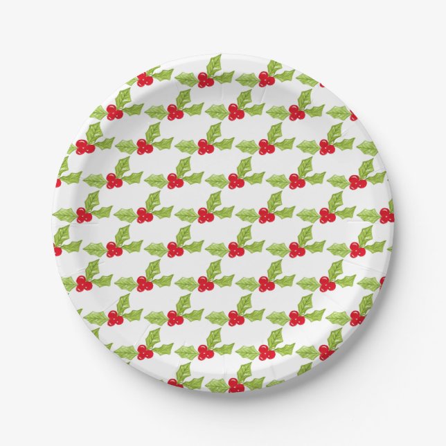 Christmas Holly Festive Greenery Red Berries  Paper Plate (Front)