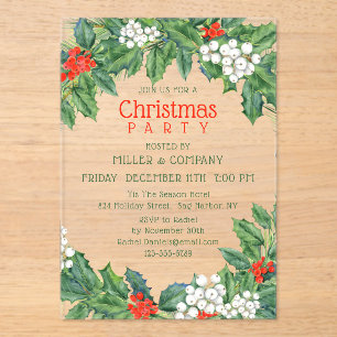 Christmas Holly Floral Corporate Christmas Party Acrylic Invitations