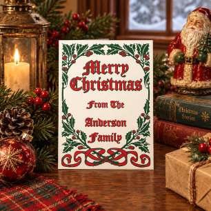 Christmas Holly Frame With Red Berries & Ribbon Holiday Card