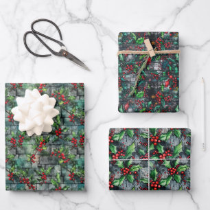 Christmas Holly Graffiti Wrapping Paper Sheet