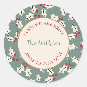 Christmas Holly Green and Red Round Address Seals