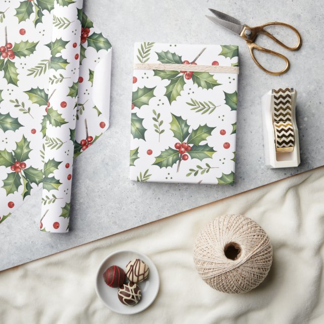 Christmas holly green leaves red pattern wrapping paper (Crafts)