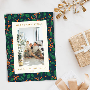 Christmas Holly Greenery Two Vertical Photos Navy Holiday Card