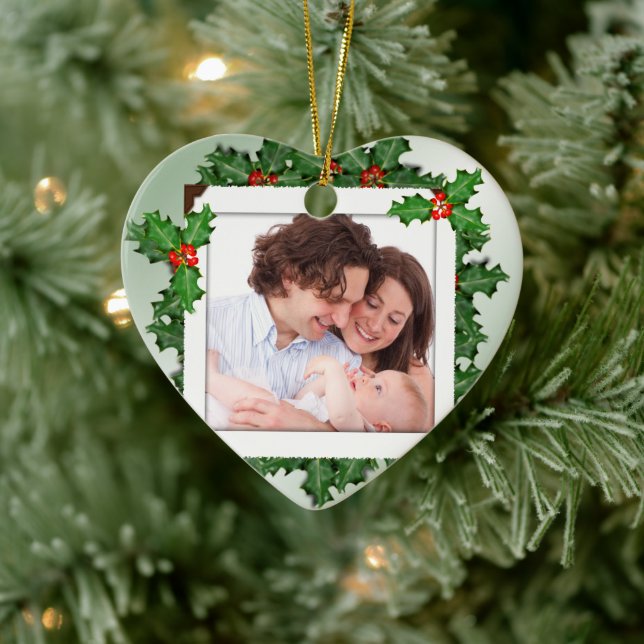 Christmas Holly Heart Shaped Family Photo Ornament (Tree)