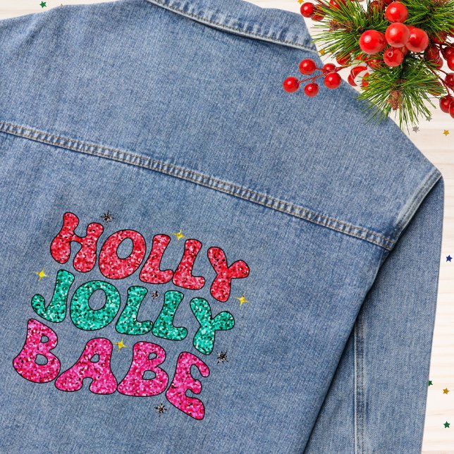 Christmas Holly Jolly Babe Modern Glitter Script Denim Jacket (Creator Uploaded)