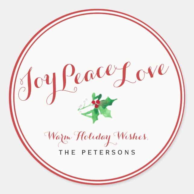 Christmas Holly Joy Peace Love Script Custom Classic Round Sticker (Front)