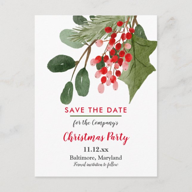 Christmas | Holly Leaved Red Berry Holiday Party  Announcement Postcard (Front)