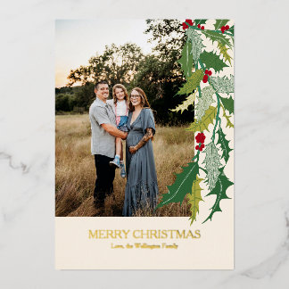 Christmas Holly Leaves and Berries Foil Photo Card