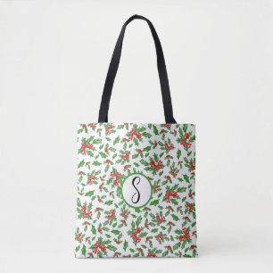 Christmas holly leaves and berries red and green tote bag