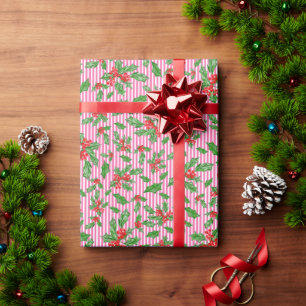 Christmas holly leaves and berries red and green wrapping paper
