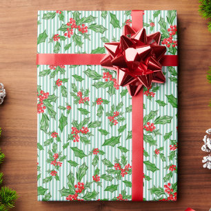 Christmas holly leaves and berries red and green wrapping paper