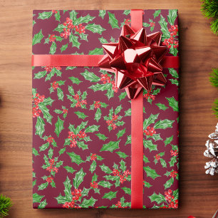 Christmas holly leaves and berries red and green wrapping paper