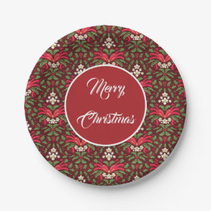 Christmas Holly Leaves and Berries with Red Bow Paper Plate