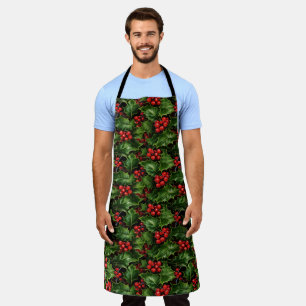 Christmas Holly Leaves And Red Berries Pattern Apron