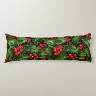 Christmas Holly Leaves And Red Berries Pattern Body Cushion