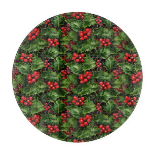 Christmas Holly Leaves And Red Berries Pattern Cutting Board