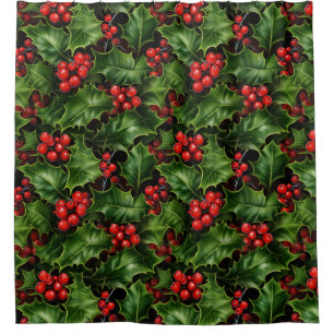 Christmas Holly Leaves And Red Berries Pattern Shower Curtain