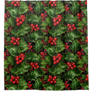 Christmas Holly Leaves And Red Berries Pattern Shower Curtain