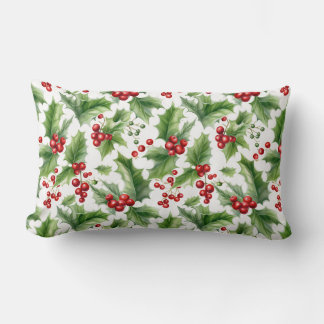 Christmas Holly Leaves And Red Berries Seamless Lumbar Cushion