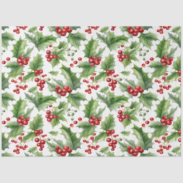 Christmas Holly Leaves And Red Berries Seamless  Tissue Paper (Front)