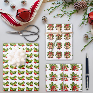 Christmas Holly Leaves & Berries Bells & Gift Wrapping Paper Sheet