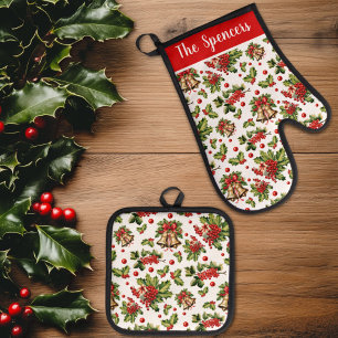 Christmas Holly Leaves, Berries & Bells Oven Mitt & Pot Holder Set