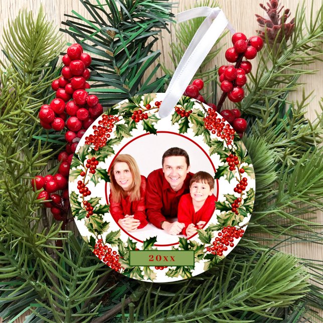 Christmas Holly Leaves & Berries Custom Photo Ceramic Tree Decoration (Creator Uploaded)
