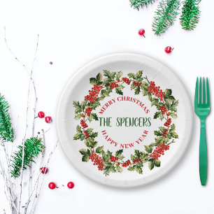 Christmas Holly Leaves & Berries Merry Christmas Paper Plate