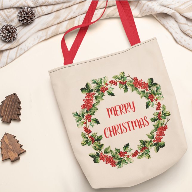 Christmas Holly Leaves & Berries Merry Christmas  Tote Bag (Creator Uploaded)