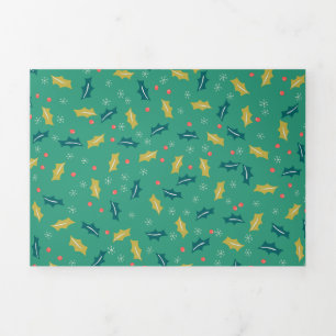 Christmas Holly Leaves & Berries w/ Snowflakes Tri-Fold Holiday Card
