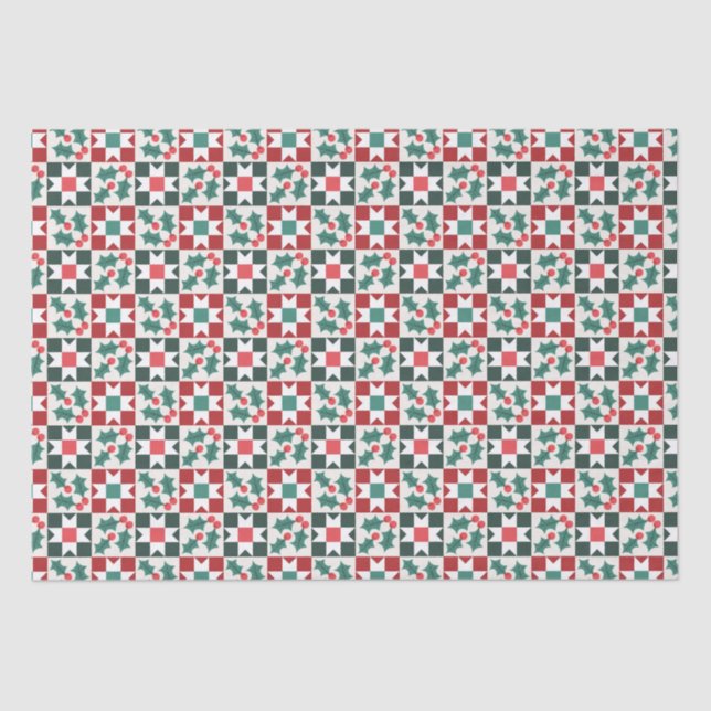 Christmas Holly Leaves Geo Quilt Tissue Paper (Front)