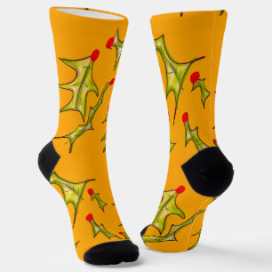 Christmas Holly Leaves Hand Drawn Art on Gold Socks