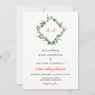 Christmas Holly Leaves Winter Wedding Monogram Invitation