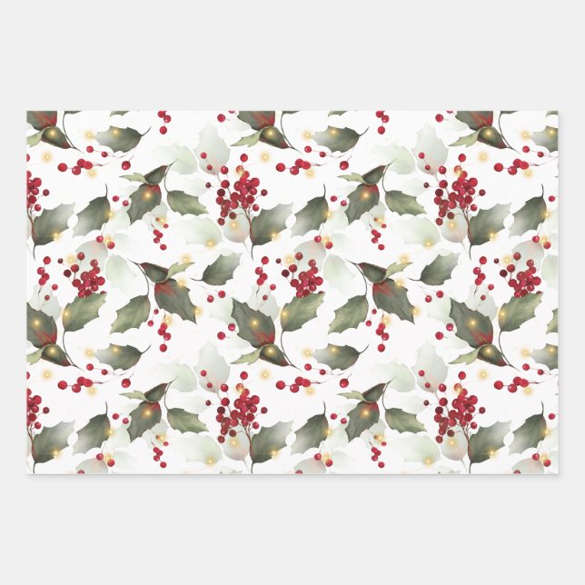 Christmas Holly Light Garland  Wrapping Paper Sheet (Front)