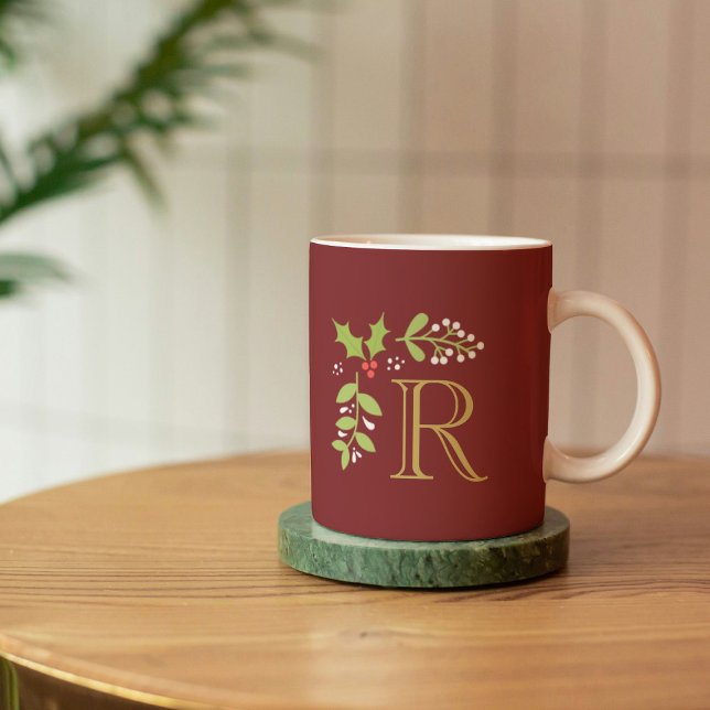 Christmas Holly & Mistletoe Monogram Red Coffee Mug (Creator Uploaded)