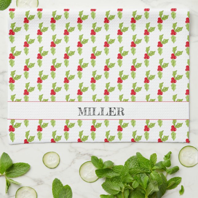 Christmas Holly Mistletoe Pattern NAME Joy Festive Tea Towel (Folded)