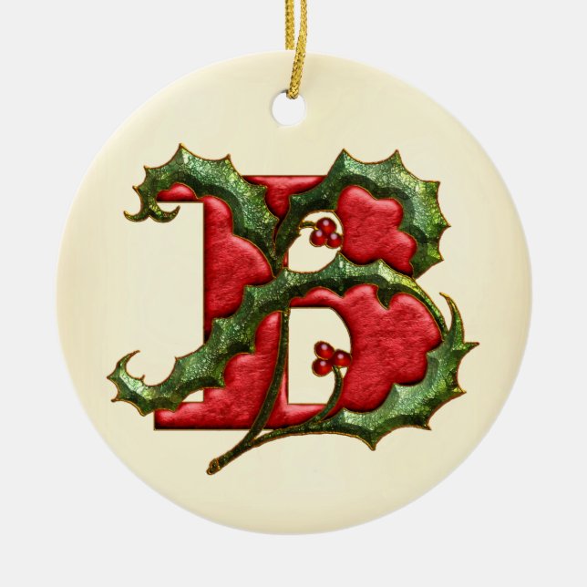 Christmas Holly Monogram B Ceramic Tree Decoration (Front)