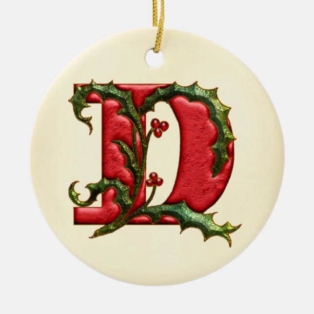 Christmas Holly Monogram D Ceramic Tree Decoration (Front)