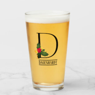 Christmas Holly Monogram D Personalised Beer Glass