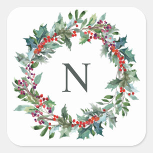 Christmas Holly Monogram Initial Sticker