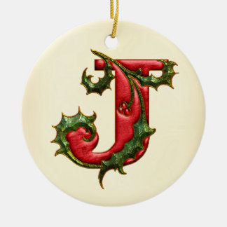 Christmas Holly Monogram J Ceramic Tree Decoration