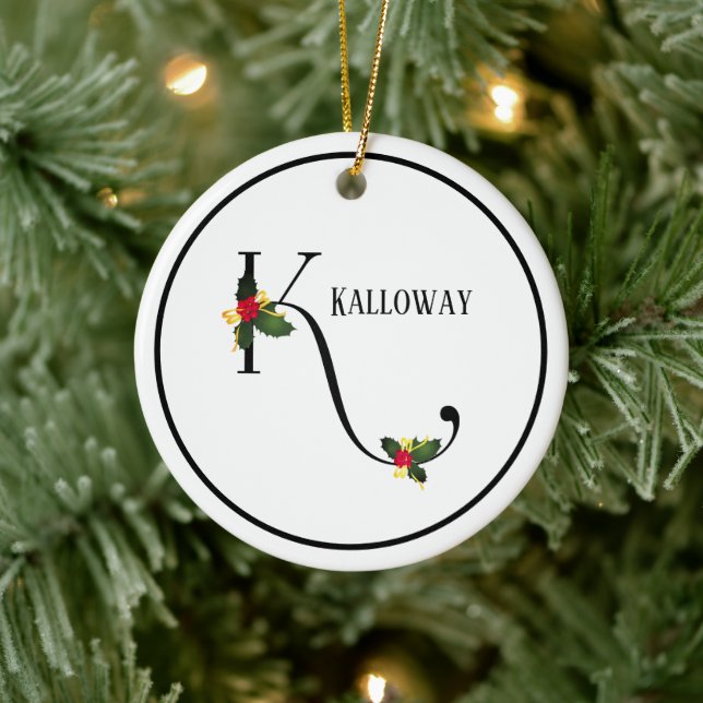 Christmas Holly Monogram Letter K Personalized Ceramic Tree Decoration (Tree)