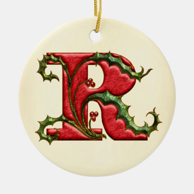 Christmas Holly Monogram R Ceramic Tree Decoration (Front)