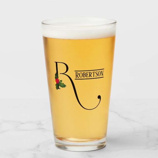 Christmas Holly Monogram R Personalised Beer Glass (Front Filled)