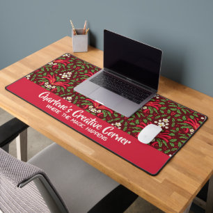 Christmas Holly Office Decor with Name Desk Mat