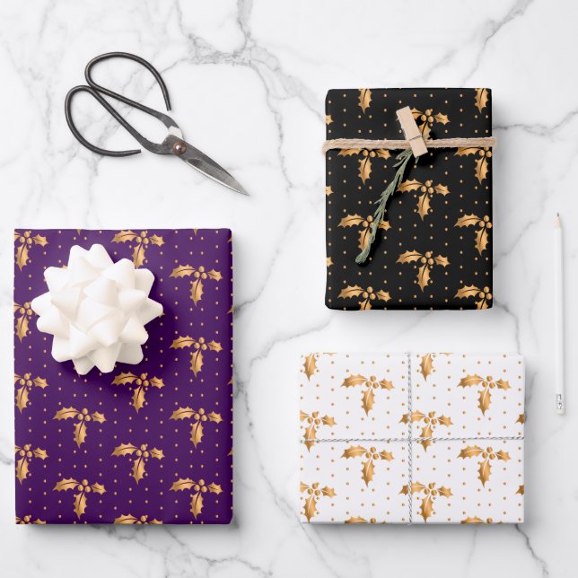 Christmas Holly on Purple, Black and White Wrapping Paper Sheet (Front)